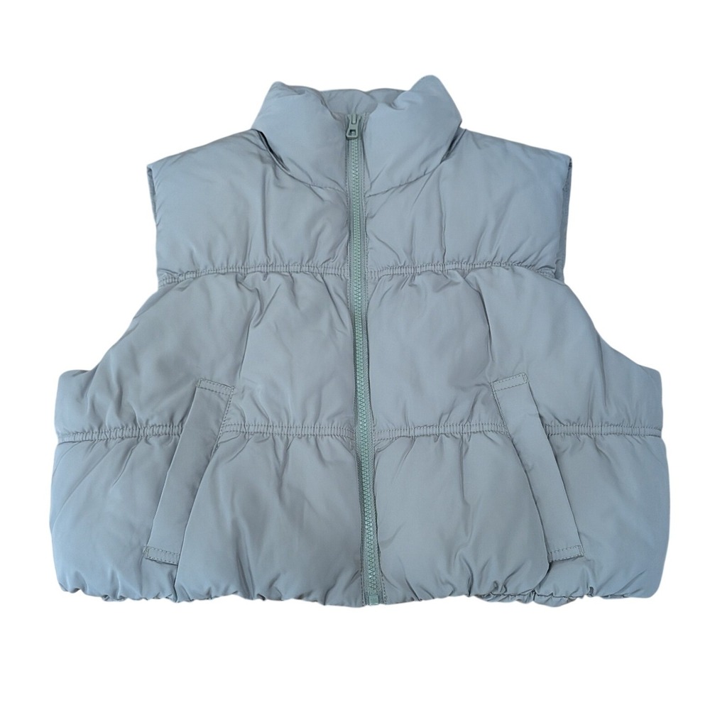 H&M Divided Womens Small Sage Gray Blue Cropped Puffer Vest Zip Gorpcore Y2K